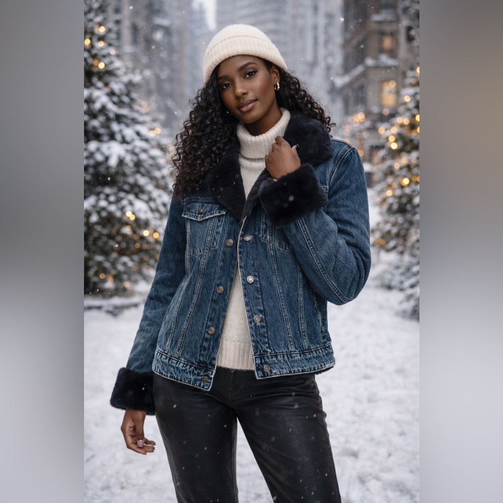 Good American Women's Denim Jacket with Faux Fur Lining